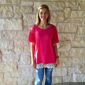 Hot Pink Lace Back Bell Sleeve Top